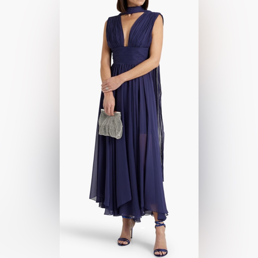 NEW Maria Lucia Hohan Navy Blue Ira Pintucked Georgette Scarf Cutout Midi Gown